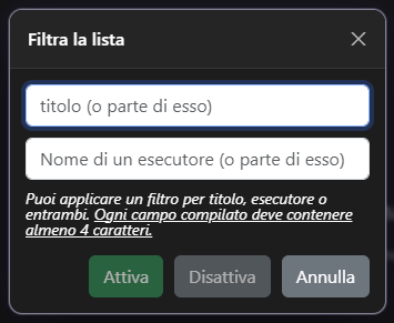 Popup Filtra la lista delle Performance Tracks