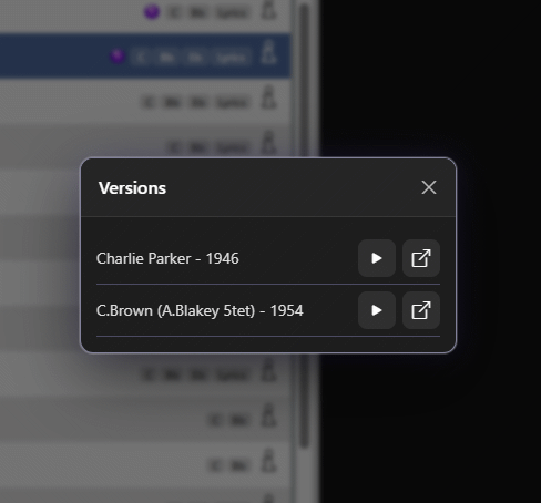 Popup Versions con l'elenco delle sample version