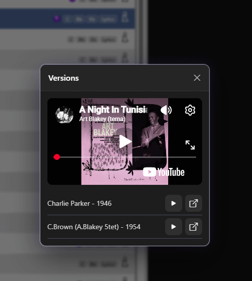 Popup Versions con il video YouTube della versione selezionata